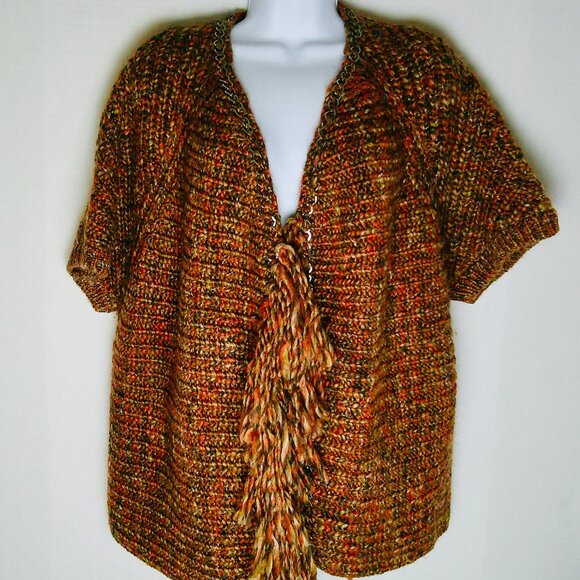 CHICO'S WOMENS ORANGE MULTICOLOR CROCHET SHORT SLEEVE WOOL BLEND CARDIGAN. OS - Picture 1 of 5